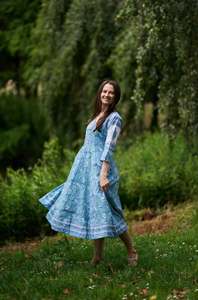 Floraline Hand Block Printed Calf Length Dress Blue White <b>Lilac</b> Bohemian Cotton Dress for Women - Product Image 3