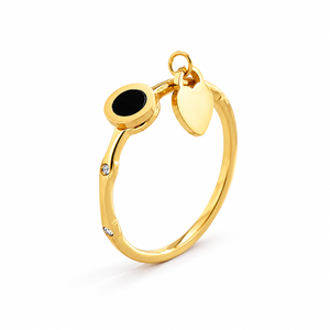 Gold and Black Double Charm <b>Ring</b> with Round Disc Heart Pendant and Scattered Clear Band Accents - Product Image 1