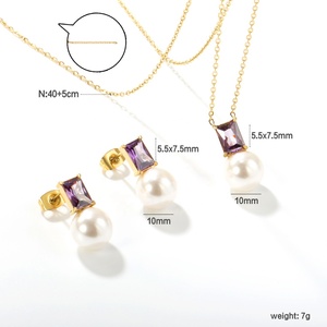 Trendy Simple Wholesale Stainless Steel Jewelry 18K PVD <b>Gold</b> Plated Zircon <b>Pearl</b> Pendant <b>Necklace</b> and Earrings Set for Women - Product Image 2