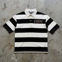 T-shirt Polo Homme Personnalisé en Coton, Coupe Boxy Courte, Rayé, à Col à Revers, avec Broderie, Patch et Lettres, Épaules Tombantes, Coupe Ample