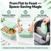 1200ml Quadratischer Zweistöckiger Zusammenklappbarer Silikon-Lebensmittelbehälter Auslaufsichere Bento-Lunchbox Faltbar Mikrowellen-, Spülmaschinen- und Gefriergeeignet