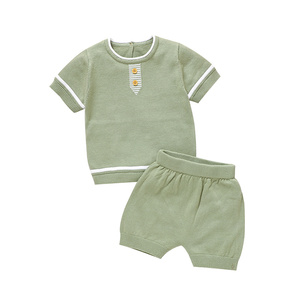 Mimixiong vente en gros ensemble bébé été coton respirant ensemble de vêtements solide bébé tricoté supérieur et pantalon court 2 pièces costume neutre - Product Image 4