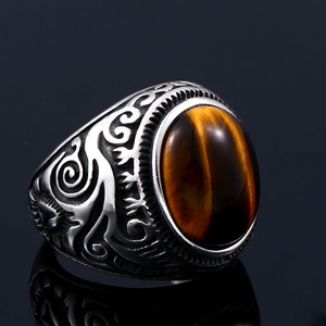 Oahlan người đàn ông Nhẫn bán buôn cổ điển dát Turquoise Tiger Eye đá khắc vòng thép không gỉ - Product Image 5