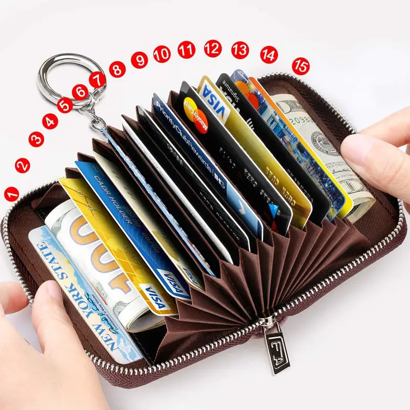 Personalized card holder wallet credit women PU leather business RFID blocking Key Chain ID zippered leather card holder wallet