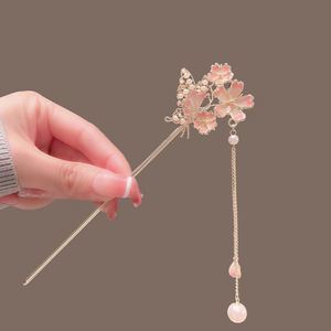Horquillas de metal con borlas de flores de esmalte de perla china, adorno para el cabello estilo Hanfu para mujer - Product Image 1