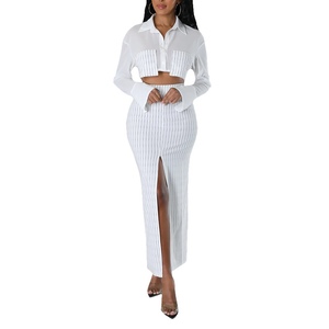 Women's Casual Striped Revealing Navel Long Sleeved Shirts Top <b>Elastic</b> Waist Half <b>Skirt</b> 2 Piece Set Fashion - Product Image 1