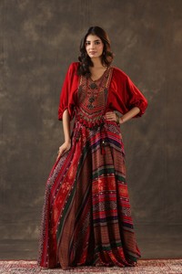 Robe longue de style kaftan brodée rouge, imprimé tribal, élégante, tenue ethnique pour fêtes, mariages, festivals, pour femmes - Product Image 3