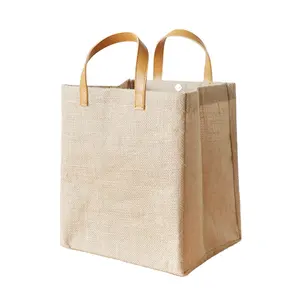 Factory Bulk Wholesale Reusable Recycled Jute Tote Bag with Leather Handle
