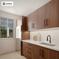Meuble de cuisine moderne en placage de bois avec portes à battants, aménagement en culisant, dimensions personnalisées, boîtes en panneaux de particules et rangement coulissant