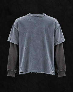Camiseta de manga larga para hombre, estilo vintage, con efecto lavado ácido, diseño de dos piezas falsas, rasgada, desgastada, con estampado gráfico gótico, oversize, estilo streetwear, con efecto de capas - Product Image 2