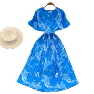 Nouvelle robe plissée à imprimé tie-dye, style rétro, manches courtes à volants, robes maxi pour femmes, robes élégantes - Product Image 6