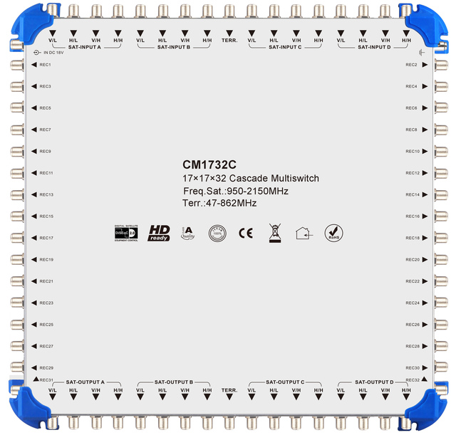17 in 16 Digital HD Satellite Multiswitch, Cascadeable DiSEqC 17 Metal Housing LNB Signal Splitter for CATV Headend
