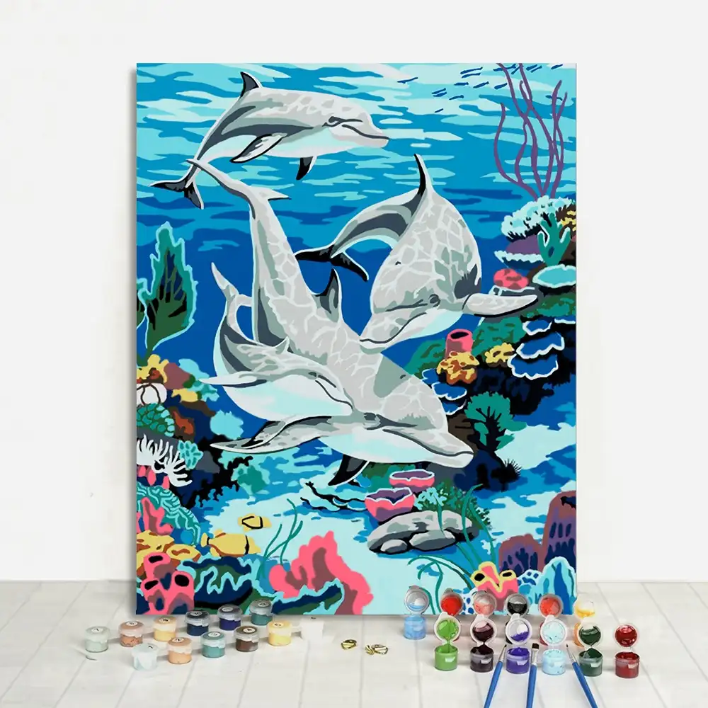 Tableaux tels que l'eau, 7 pouces, vie Marine, dauphin, peinture avec chiffres, modèle peint à la main, amusant