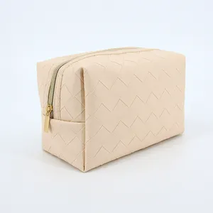 Travel Makeup Pouch Waterproof Cosmetic Pouch With PU Striped Leather Zipper Closure Rhombus Pattern