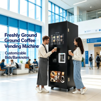 Distributeur automatique de café sur pied sans personnel, acceptant les paiements en espèces, par carte bancaire et par code QR pour centres commerciaux, hôpitaux et bureaux