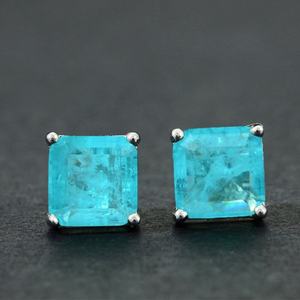 Pendientes de Botón Elegantes, Nuevos, Modernos, Magníficos, Exóticos, de Turmalina Paraiba Brillante, Color Azul Paraiba, Plata de Ley S925 - Product Image 3