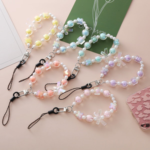 Colorful Cute Candy Bow Beaded Mobile Phone Chain Charm Women Bag Cell Phone Case Anti-loss Lanyard Keychain Jewelry
