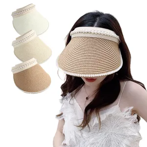 FF1465 Summer Women Straw Beach Hat Wide Brim Sun Visor Hat Ponytail Pearl Straw Visor Hat For Women