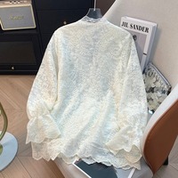 8937 # automne mode dentelle Blouse pour femme élégant jeunesse solide dentelle chemises ample décontracté haut bureau dame
