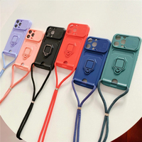 Étui Portefeuille en Silicone avec Anneau Support et Cordon Bandoulière pour iPhone 17 16 15 13 11 12 14 Pro Max XS XR 8 Plus avec Cache Coulissant pour Appareil Photo