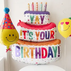 大型彩色儿童生日快乐蛋糕箔气球套装三层儿童生日庆典