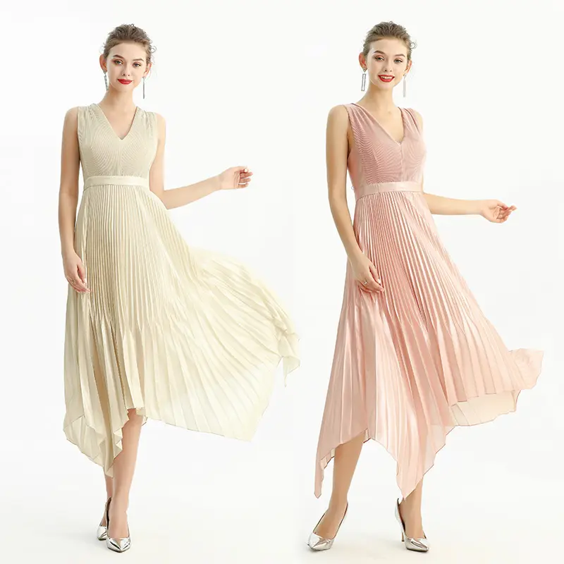 D205 Fall High Quality Fashion Elegant Asymmetric Strap Pleated dress Midi Long Women Party Formal Evening Casual Dress