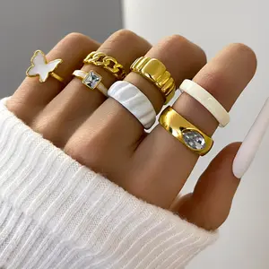 Go Party Creative Fashion 7 Stks/sets Strass Joint Vinger Ringen Geometrische Vierkante Diamant Witte Vlinder Olie Druppel Knokkel Ring