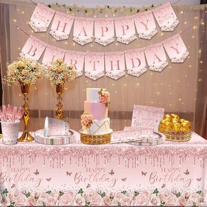 Vajilla Desechable para Fiesta <span class=keywords><strong>de</strong></span> Cumpleaños Rosa, Plato para Cena, <span class=keywords><strong>Mantel</strong></span>, Decoraciones para Fiesta <span class=keywords><strong>de</strong></span> Cumpleaños con Temática Oro Rosa - Product Image 4