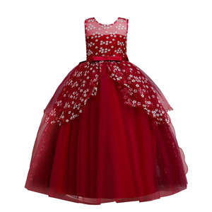 Vestido de Princesa para Niñas, Color Borgoña, Cuello Redondo, Vestido de Fiesta, Vestido de Dama de Honor con Lazo y Cola, Vestido Infantil - Product Image 4
