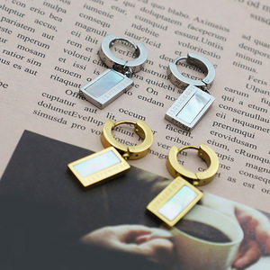 Pendant Earrings Zinc Alloy Mother Of Pearl Bezel Setting Geometric Lock Shape Gold Steel Color Fashion Dangle Earrings - Product Image 1