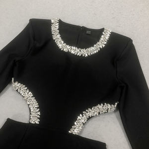 Yüksek kalite kadınlar konfeksiyon üreticisi siyah Rhinestone kesme kulübü abiye uzun kollu Maxi parti resmi elbise - Product Image 5