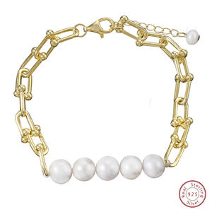 Bracelet en perles d'eau douce naturelles, forme boule, argent <span class=keywords><strong>Tai</strong></span> plaqué or 14 carats, classique, polyvalent, éblouissant, cadeau parfait pour toutes les occasions - Product Image 1