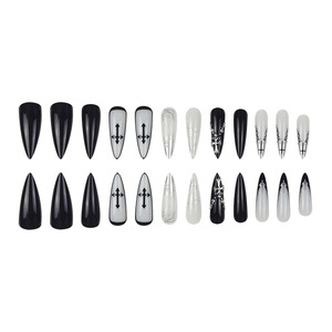 Faux ongles longs à talon aiguille, noirs et argentés, en ABS, couvrance totale, motif croisé, pointus, 24 pièces - Product Image 2