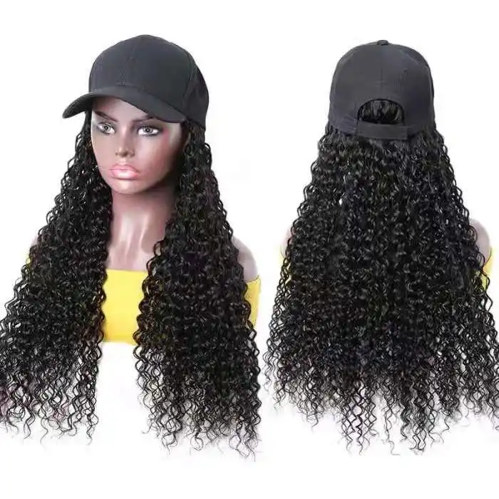 Baseball Cap Wig Synthetic Long Afro Kinky Curly Wigs Hat Wig Natural Black / Brown Auburn Hiar Cap With Hair For Women