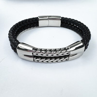 Bracelet en cuir tissé sur mesure de haute qualité en gros, 2 couches, acier inoxydable, bracelet en cuir tendance, bijoux pour hommes, bracelets