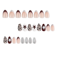 Unghie Finte Leopardate Marroni con Motivi Misti, Stile Street, Unghie Finte a Mandorla per Feste, Manicure a Righe e Pois 4526