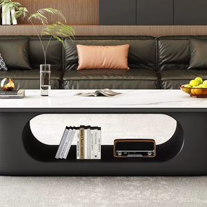 Tavolino <span class=keywords><strong>da</strong></span> Caffè Ovale in Pietra Sinterizzata Bianca, Base Aperta con Vano Portaoggetti, <span class=keywords><strong>Tavolo</strong></span> Moderno per Salotto - Product Image 6