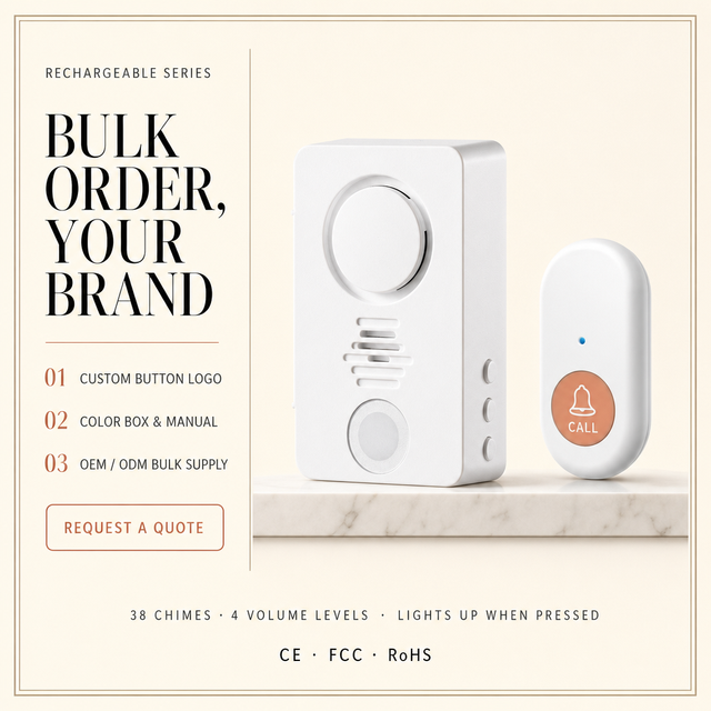 Bulk Order Rechargeable Doorbell for Supermarkets Importers Custom Button Logo Color Box Manual 38 Chimes 4 Volume Levels