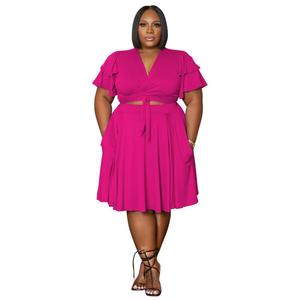 Ropa de <span class=keywords><strong>Mujer</strong></span>, Nuevo Traje de Talla Grande con Cuello en V, Falda con Cordones y Mangas de Hoja de Loto, con Bolsillos - Product Image 5