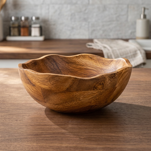 Bol à fruits en bois artisanal, vente en gros |   Design moderne du milieu du siècle, forme rectangulaire, couleurs marron/doré, 24,5x19,9x9,9 cm - Product Image 2