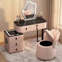 Ensemble coiffeuse moderne rose en bois avec miroir, gain de place, rangement pour petit appartement ou chambre à coucher