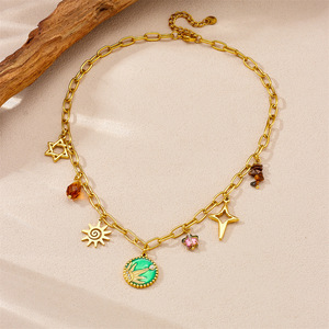Collana delicata O a catena graziose stelle del sole idromassaggio collane a disco rotonde personalità creativa che gocciola gioielli verde olio - Product Image 3