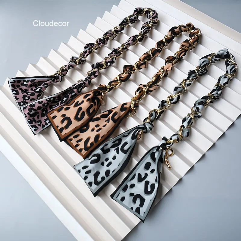 Leopard Silk Ribbon Metal Bag Chain Handle 62cm Long Handbag Strap Replacement for Handbags Purses Making Accessories