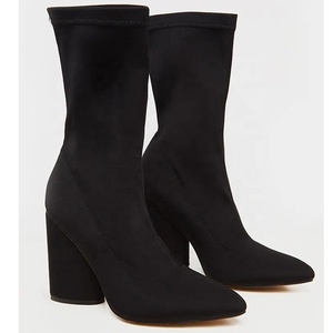 Solide Noir Lycra Supérieur Mi-<span class=keywords><strong>mollet</strong></span> Slip-on <span class=keywords><strong>Femme</strong></span> Bottes D'hiver Mode Bout Pointu Bottes <span class=keywords><strong>Grande</strong></span> <span class=keywords><strong>Taille</strong></span> 43 chunky Talon Bottines - Product Image 2