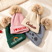 Bonnet côtelé de haute qualité avec logo brodé personnalisé, bonnet en tricot avec pompon, bonnets d'hiver unisexes, bonnet à revers avec patch en cuir