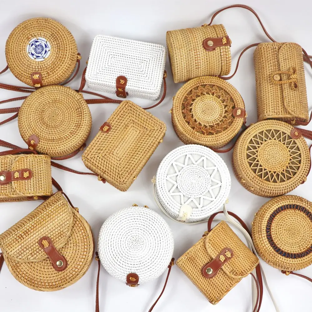 Bolsa hobo mini tote natural em palha, feita à mão, vintage, bolsa redonda, anel