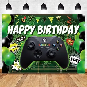 7 * 5ft Kids Party Happy Birthday Green Game Handvat Fotografie Achtergrond Go Win Game Op Achtergrond Benodigdheden Polyester K0238