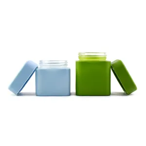ขวดแก้วกันขโมยทรงสี่เหลี่ยมสำหรับเด็ก,ขวดโหลแก้วกันกลิ่นสีฟ้าเขียวเหลืองม่วงขาวพร้อมฝาปิดสุญญากาศโลโก้