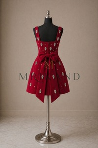 Robe de soirée courte en coton et soie de qualité supérieure pour femme avec nœud décoratif au dos, ornements en pierres et broderies – Vente en gros - Product Image 2