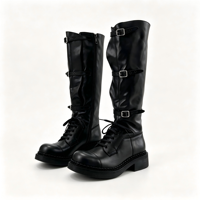 Bottes de combat montantes noires en cuir de vachette souple pour femme avec boucles multi-métalliques et lacets, talon bloc épais - Automne/Hiver, faible MOQ